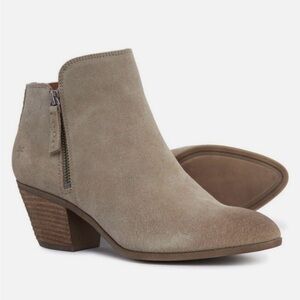 Frye Judith Double Zip Suede Ankle Booties in Ash Beige.